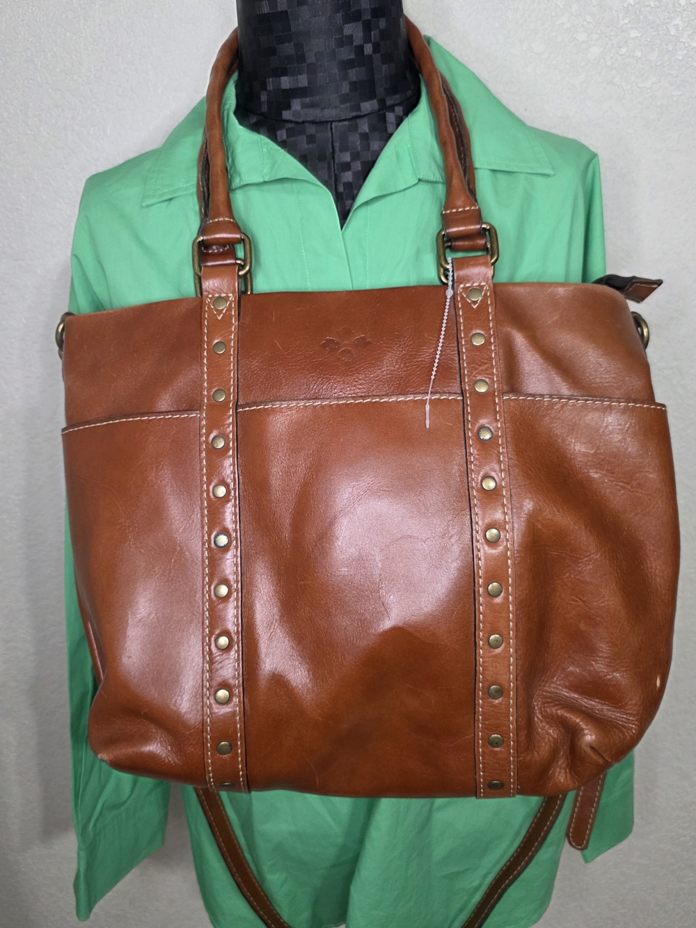 Patricia Nash Cognac Leather Messenger Tote with Stud Accents